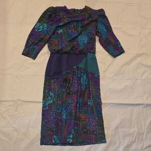 Lisa II Women's Vintage 80's 90's Dress 3/4 Sleeve Dress Purple‎ Teal 14